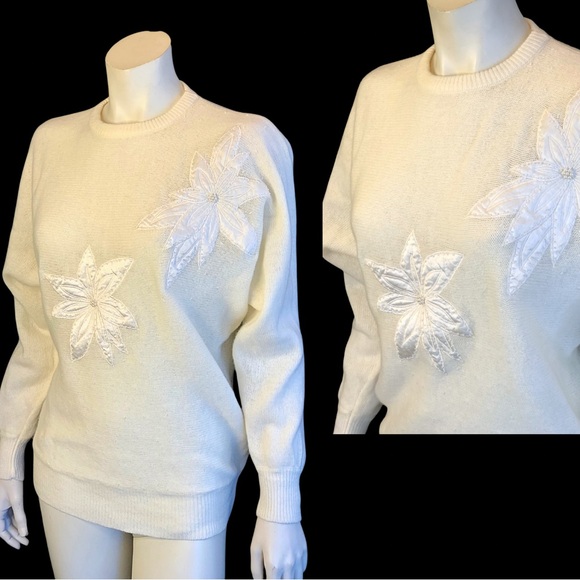 80s Cream POINSETTA Dolman Sleeve Beaded Sweater / M L - Picture 9 of 9